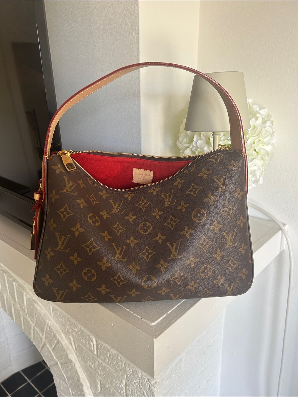 Louis Vuitton Brown Monogram Shoulder Bag with Red Interior